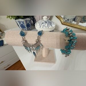 Turquoise Blue Statement Necklace with Silver Accents with bracelet
